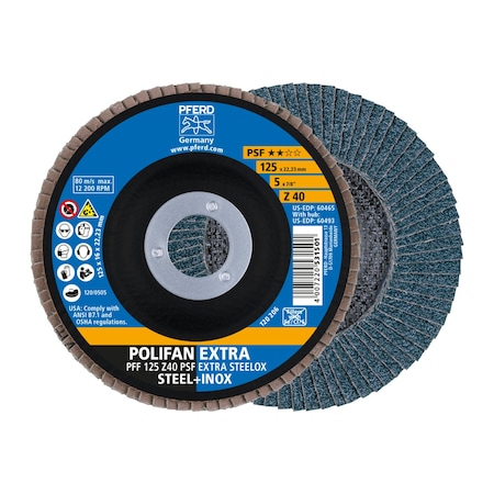 Pferd 5" x 7/8" A.H. POLIFAN Flap Disc - Z PSF EXTRA STEELOX, Zirconia, 40 Grit, Flat 60465
